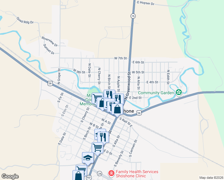 map of restaurants, bars, coffee shops, grocery stores, and more near 110 North Birch Street in Shoshone