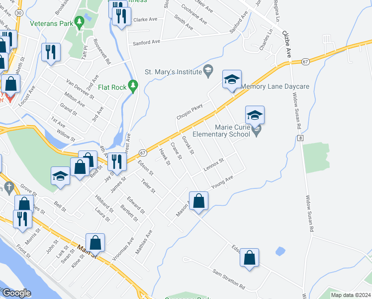 map of restaurants, bars, coffee shops, grocery stores, and more near 28-28 Crane Street in Amsterdam