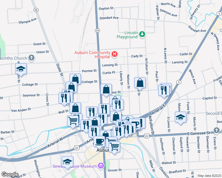 map of restaurants, bars, coffee shops, grocery stores, and more near 74 Seymour Street in Auburn