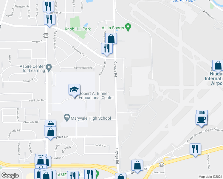 map of restaurants, bars, coffee shops, grocery stores, and more near 18 Harvard Court in Buffalo