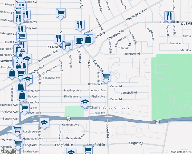 map of restaurants, bars, coffee shops, grocery stores, and more near 334 Davidson Avenue in Buffalo