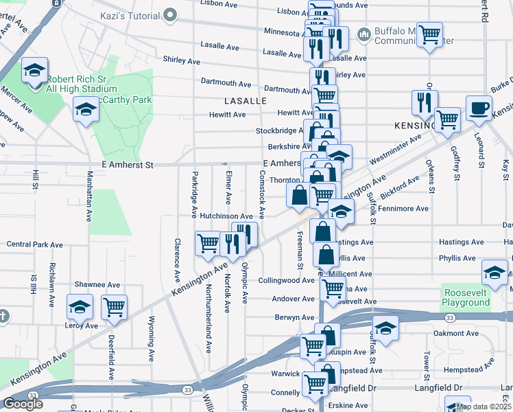 map of restaurants, bars, coffee shops, grocery stores, and more near 34 Comstock Avenue in Buffalo