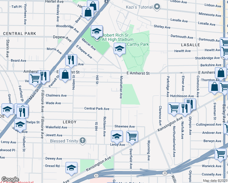 map of restaurants, bars, coffee shops, grocery stores, and more near 170 Manhattan Avenue in Buffalo