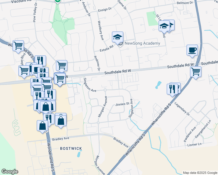 map of restaurants, bars, coffee shops, grocery stores, and more near 3173 Morgan Avenue in London