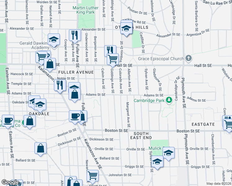 map of restaurants, bars, coffee shops, grocery stores, and more near 1414 Colorado Avenue Southeast in Grand Rapids