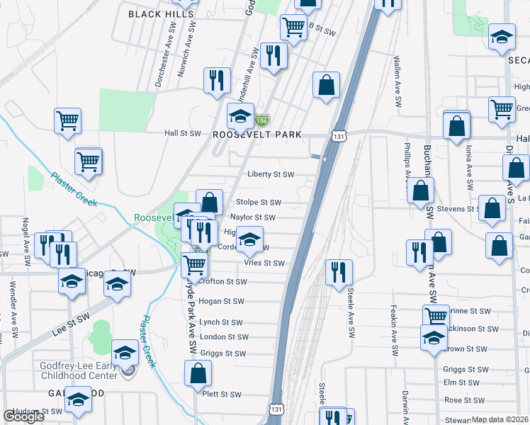 map of restaurants, bars, coffee shops, grocery stores, and more near 543 High Street Southwest in Grand Rapids
