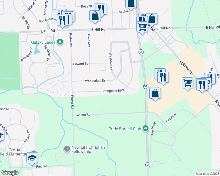 map of restaurants, bars, coffee shops, grocery stores, and more near 6301 Springdale Boulevard in Grand Blanc