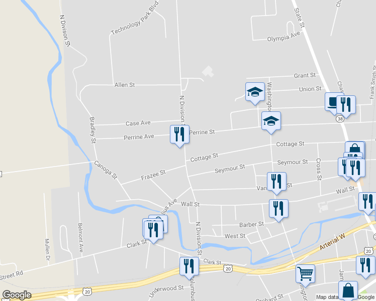 map of restaurants, bars, coffee shops, grocery stores, and more near 88 North Division Street in Auburn