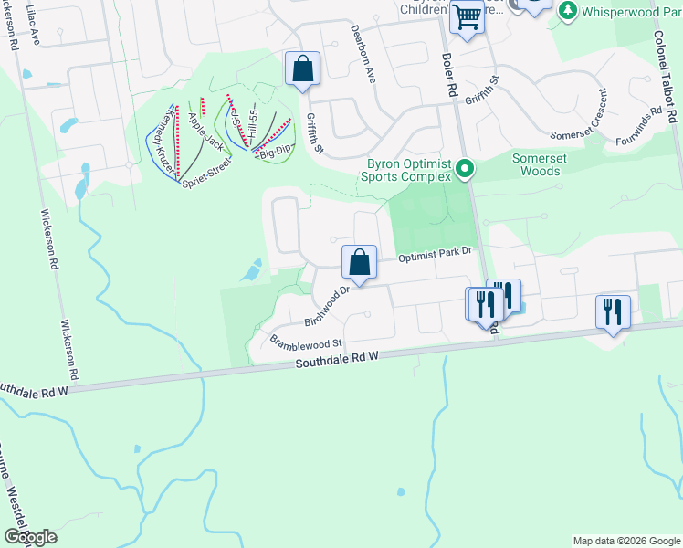 map of restaurants, bars, coffee shops, grocery stores, and more near 111 Optimist Park Drive in London