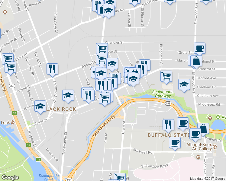 map of restaurants, bars, coffee shops, grocery stores, and more near 372 Amherst St in Buffalo