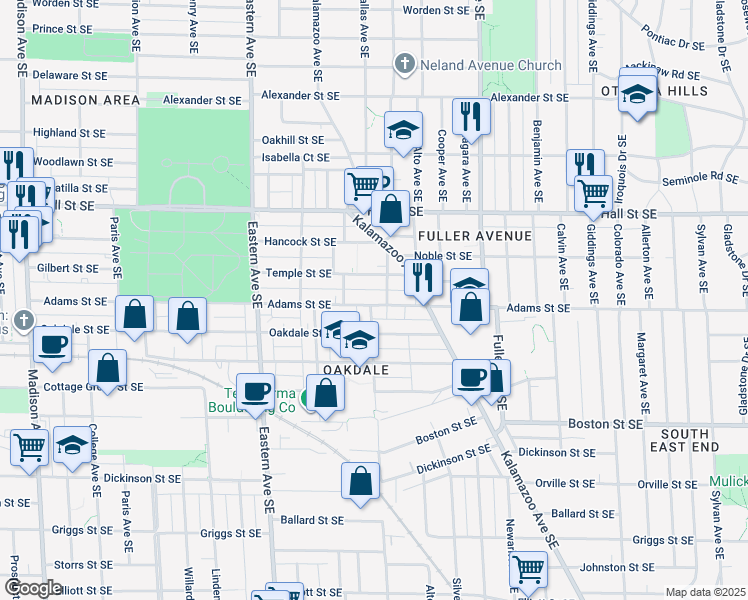 map of restaurants, bars, coffee shops, grocery stores, and more near 1003 Adams Street Southeast in Grand Rapids
