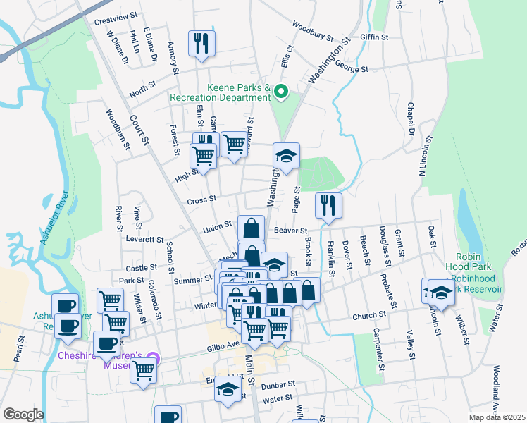 map of restaurants, bars, coffee shops, grocery stores, and more near 22 Cross Street in Keene