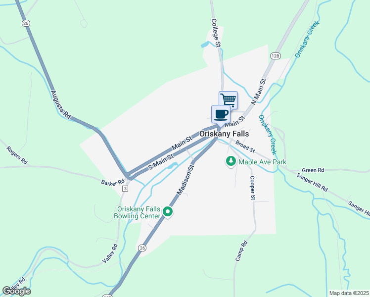 map of restaurants, bars, coffee shops, grocery stores, and more near 225 Main Street in Oriskany Falls