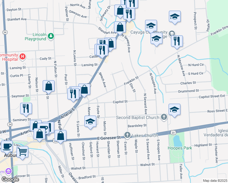 map of restaurants, bars, coffee shops, grocery stores, and more near 125 Franklin Street in Auburn