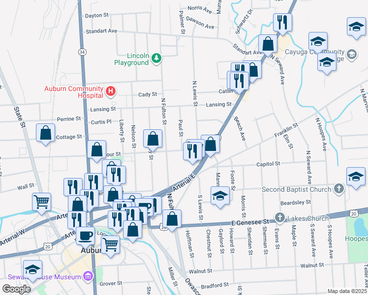 map of restaurants, bars, coffee shops, grocery stores, and more near 9 Paul Street in Auburn