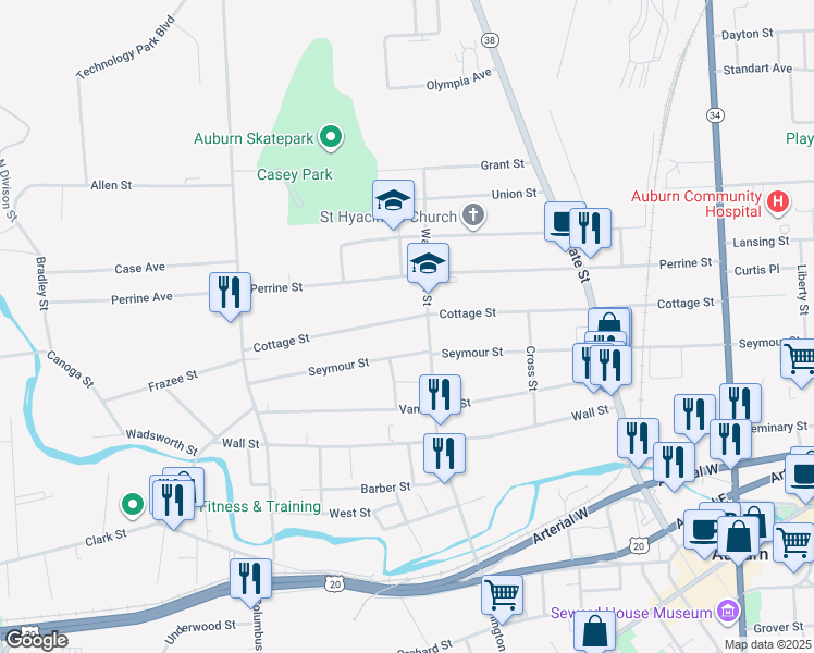 map of restaurants, bars, coffee shops, grocery stores, and more near 124 Perrine Street in Auburn