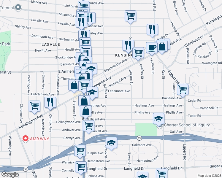map of restaurants, bars, coffee shops, grocery stores, and more near 1215 Kensington Avenue in Buffalo