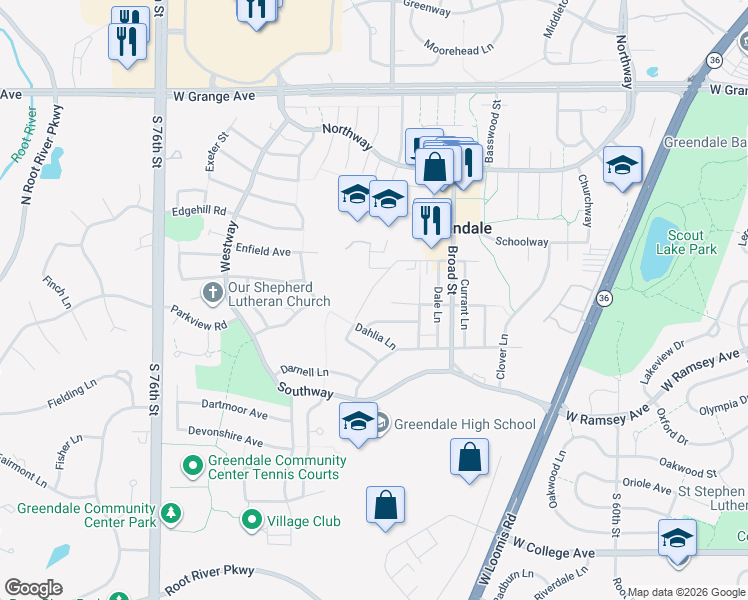 map of restaurants, bars, coffee shops, grocery stores, and more near 6851 Crocus Court in Greendale