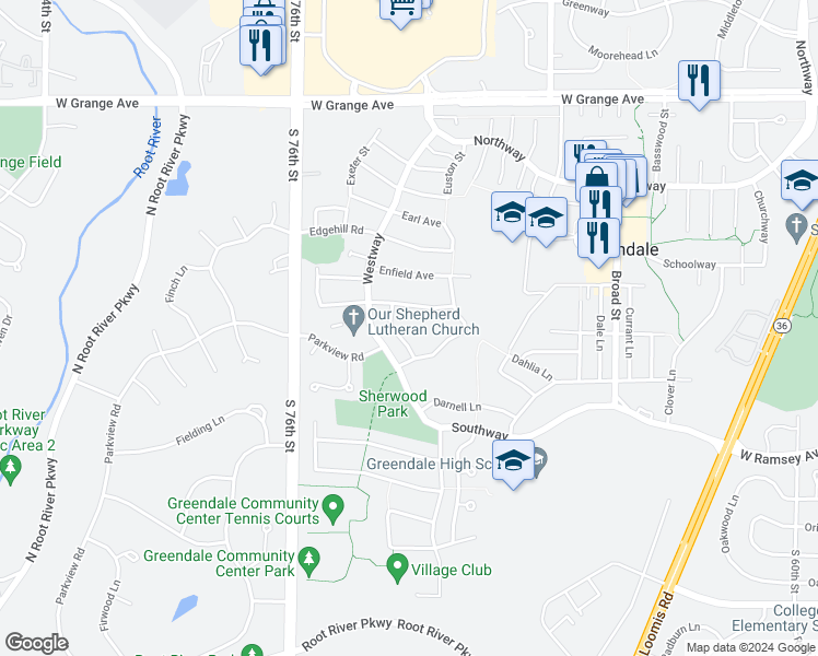 map of restaurants, bars, coffee shops, grocery stores, and more near 7214 Elberton Avenue in Greendale
