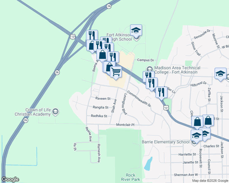 map of restaurants, bars, coffee shops, grocery stores, and more near 1521 Commonwealth Drive in Fort Atkinson