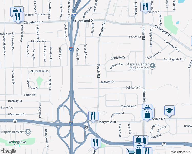 map of restaurants, bars, coffee shops, grocery stores, and more near 668 Beach Road in Buffalo