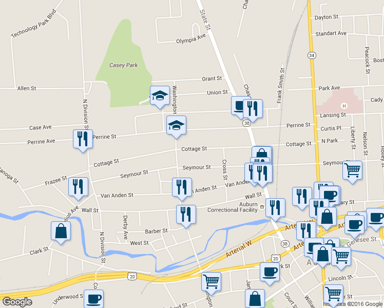 map of restaurants, bars, coffee shops, grocery stores, and more near 118 Cottage Street in Auburn