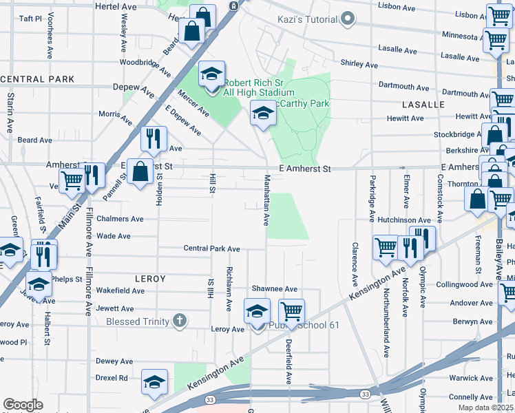 map of restaurants, bars, coffee shops, grocery stores, and more near 194 Manhattan Avenue in Buffalo