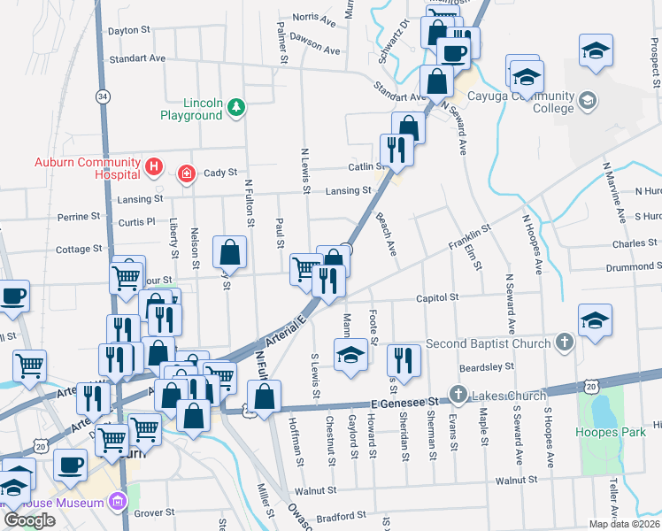 map of restaurants, bars, coffee shops, grocery stores, and more near 53 Grant Avenue in Auburn