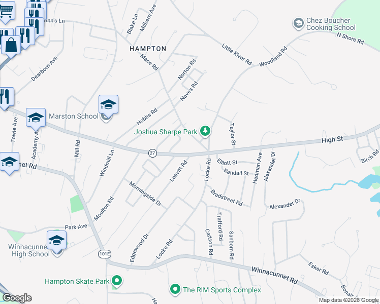 map of restaurants, bars, coffee shops, grocery stores, and more near 6 Gray Avenue in Hampton