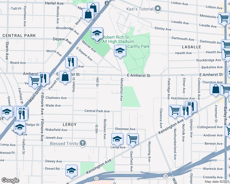 map of restaurants, bars, coffee shops, grocery stores, and more near 145 Bennett Village Terrace in Buffalo