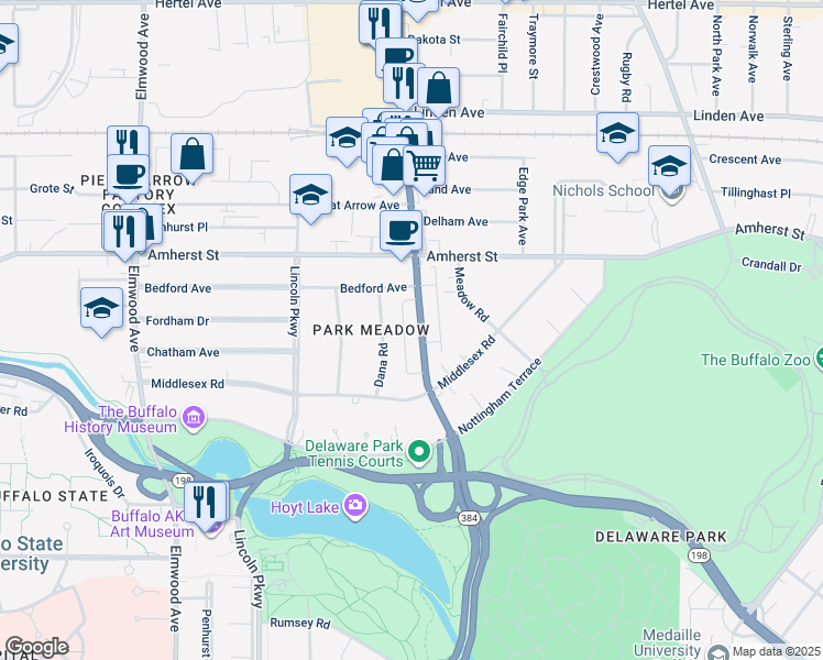 map of restaurants, bars, coffee shops, grocery stores, and more near 89 Dana Road in Buffalo