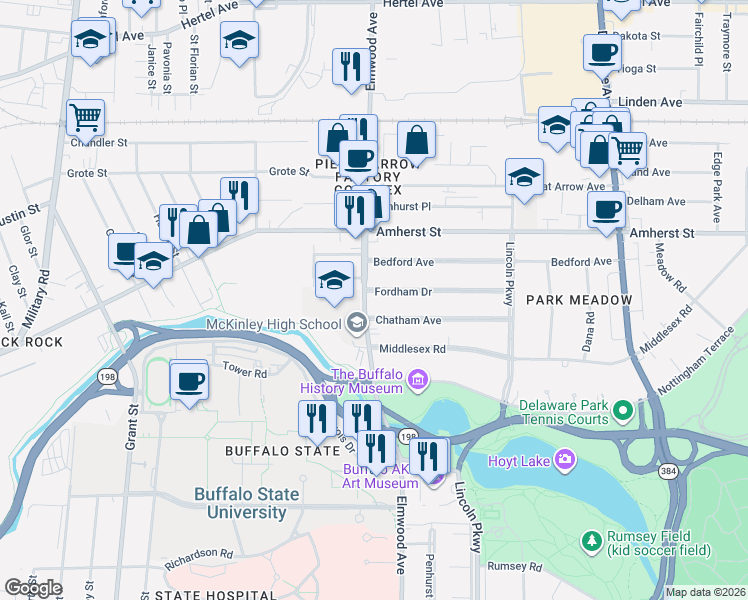 map of restaurants, bars, coffee shops, grocery stores, and more near 131 Fordham Drive in Buffalo