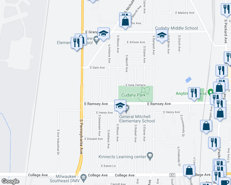 map of restaurants, bars, coffee shops, grocery stores, and more near 5812 South Indiana Avenue in Cudahy