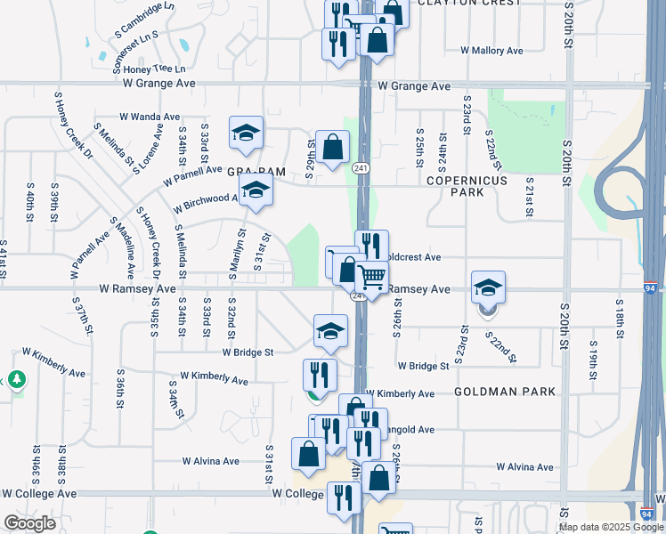 map of restaurants, bars, coffee shops, grocery stores, and more near 2730 West Ramsey Avenue in Milwaukee