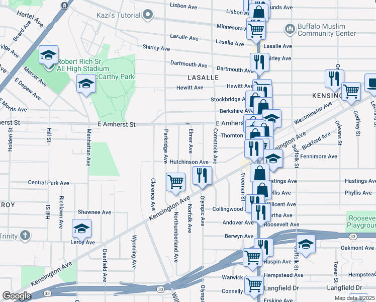 map of restaurants, bars, coffee shops, grocery stores, and more near 94 Elmer Avenue in Buffalo