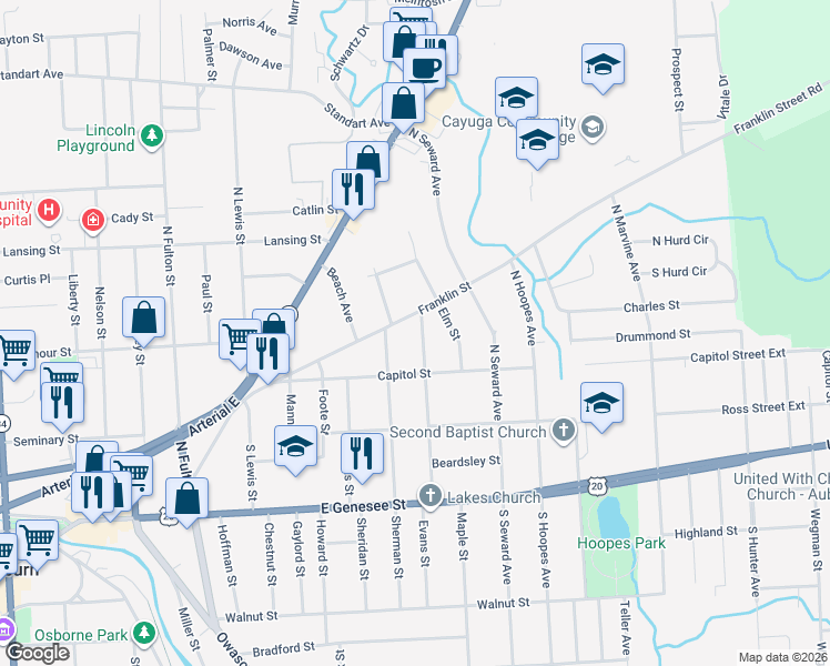 map of restaurants, bars, coffee shops, grocery stores, and more near 125 Franklin Street in Auburn