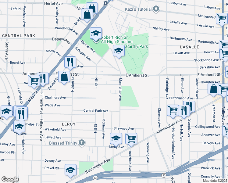 map of restaurants, bars, coffee shops, grocery stores, and more near 145 Bennett Village Terrace in Buffalo