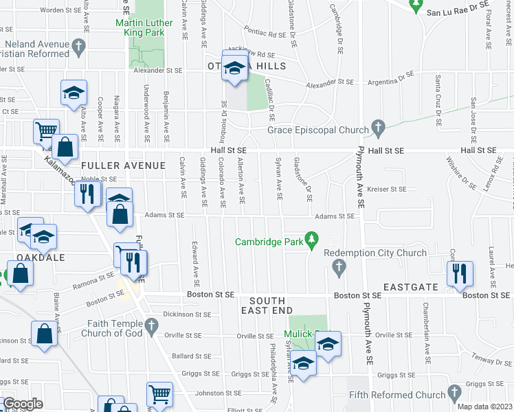 map of restaurants, bars, coffee shops, grocery stores, and more near 1339 Philadelphia Avenue Southeast in Grand Rapids