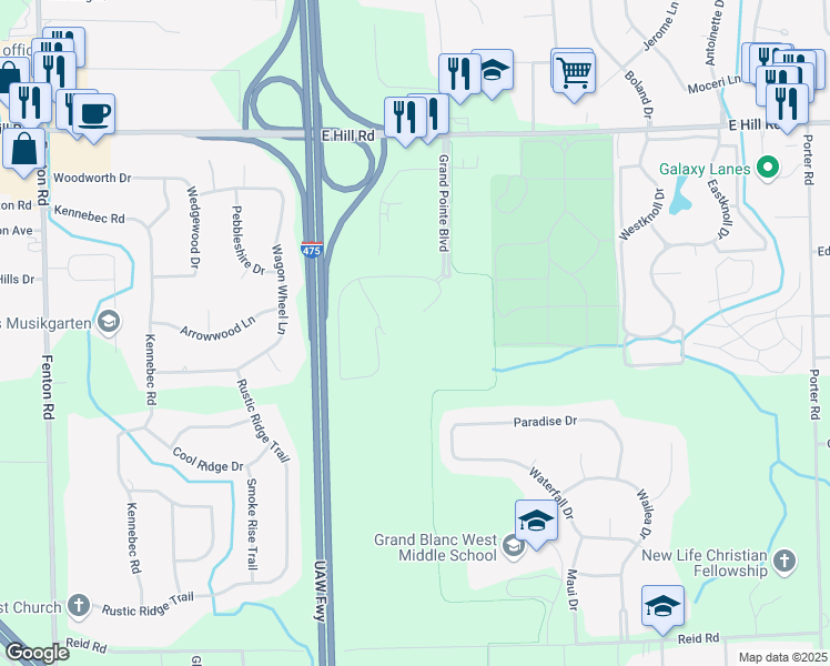 map of restaurants, bars, coffee shops, grocery stores, and more near 6200 Grand Pointe Drive in Grand Blanc