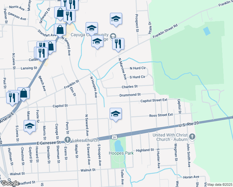 map of restaurants, bars, coffee shops, grocery stores, and more near 19 Drummond Street in Auburn