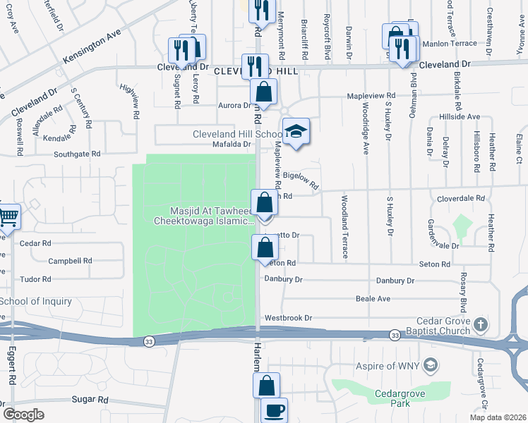 map of restaurants, bars, coffee shops, grocery stores, and more near 25 Mapleview Road in Cheektowaga