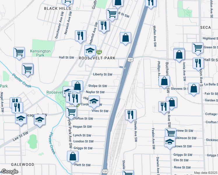 map of restaurants, bars, coffee shops, grocery stores, and more near 536 Stolpe Street Southwest in Grand Rapids
