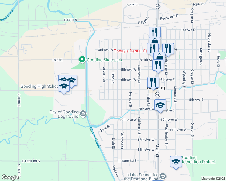 map of restaurants, bars, coffee shops, grocery stores, and more near 625 Colorado Street in Gooding