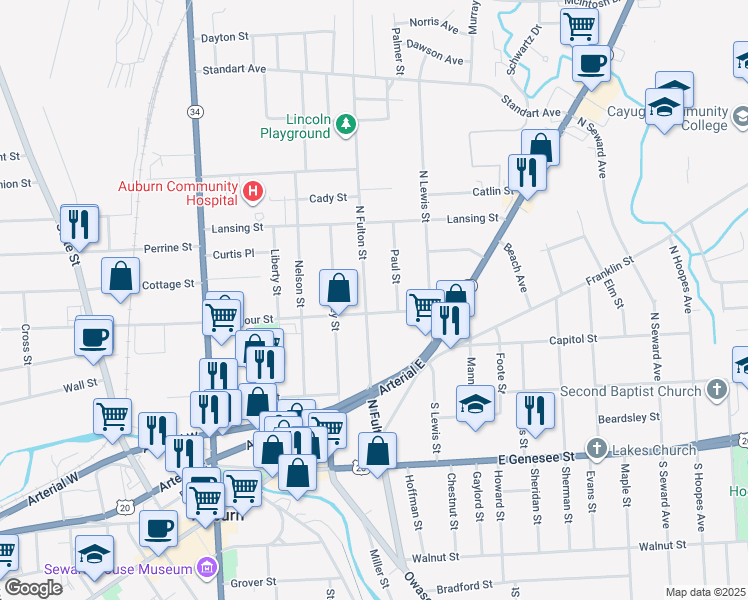 map of restaurants, bars, coffee shops, grocery stores, and more near 77 North Fulton Street in Auburn