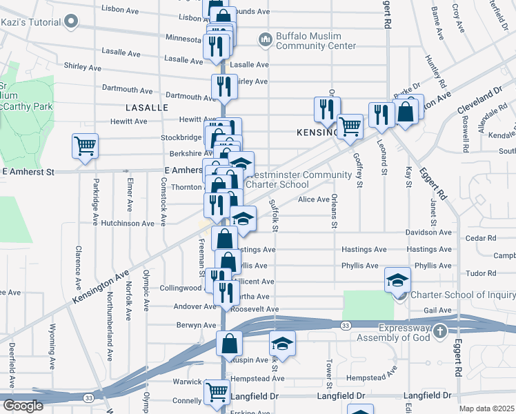 map of restaurants, bars, coffee shops, grocery stores, and more near 1180 Kensington Avenue in Buffalo