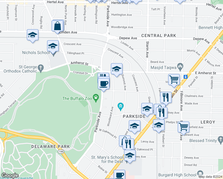 map of restaurants, bars, coffee shops, grocery stores, and more near in Buffalo