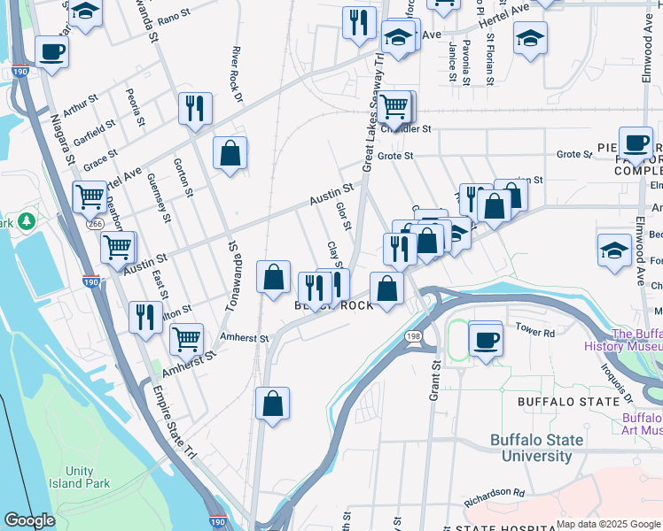 map of restaurants, bars, coffee shops, grocery stores, and more near 46 Clay Street in Buffalo