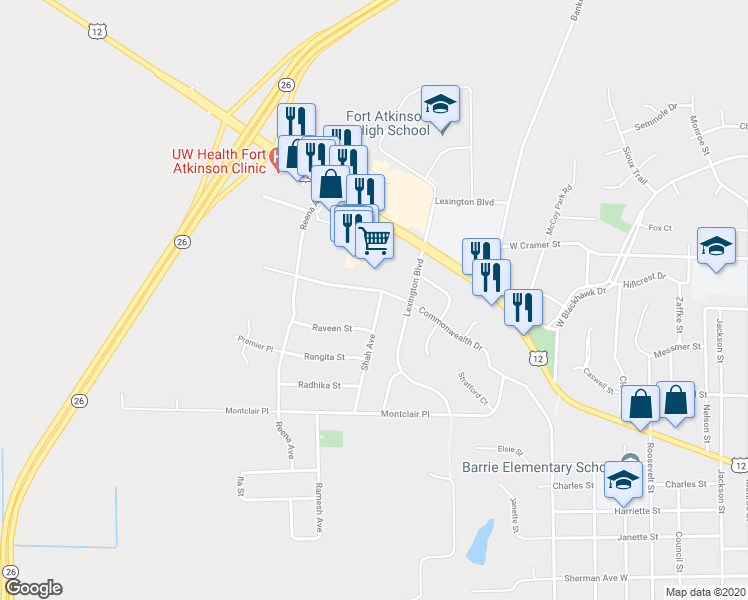 map of restaurants, bars, coffee shops, grocery stores, and more near 1503 Commonwealth Drive in Fort Atkinson