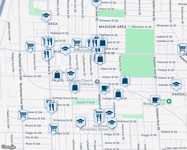 map of restaurants, bars, coffee shops, grocery stores, and more near 1309 Madison Avenue Southeast in Grand Rapids