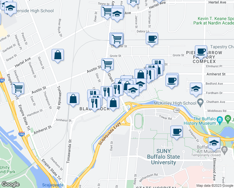 map of restaurants, bars, coffee shops, grocery stores, and more near 966 Grant Street in Buffalo
